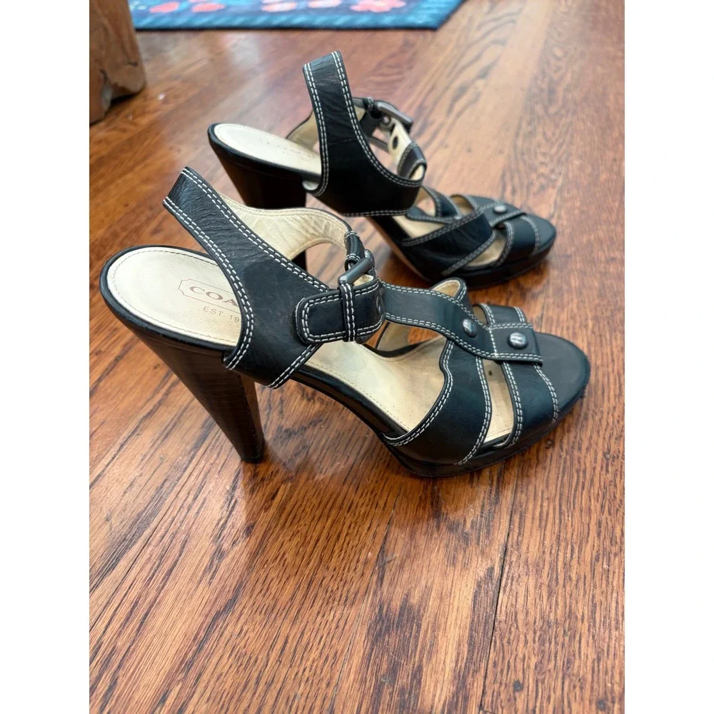 Coach Womens Black Leather T-Strap Platform Sandals Contrast Stitch Heels 7.5 B
